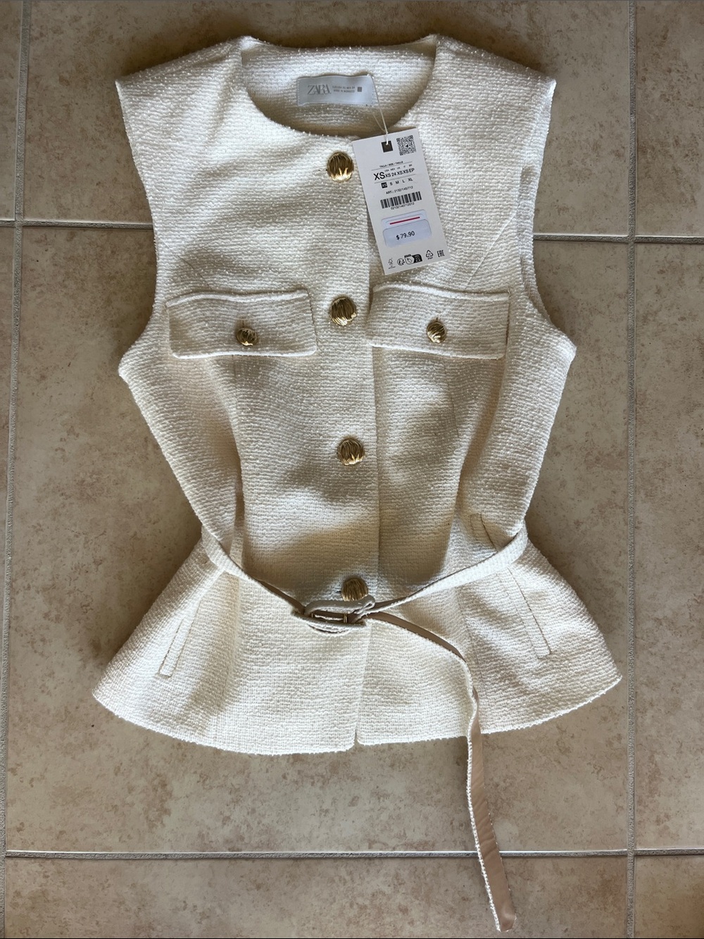 XS Zara Cream Textured Sleeveless Peplum Top with Gold Buttons and Belt